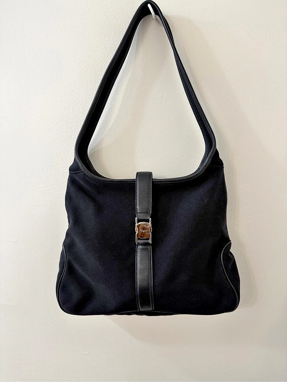 Salvatore Ferragamo Gancini Black Nylon Leather Shoulder Bag Y2K Italy